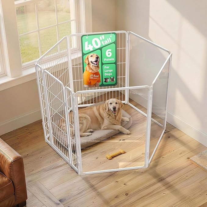 FXW AuraSpace Pro Acrylic & Wire Mesh Indoor Dog Playpen, 40" Height 6 Panels Metal Dog Pen for Medium and Large Dogs, White│Patented