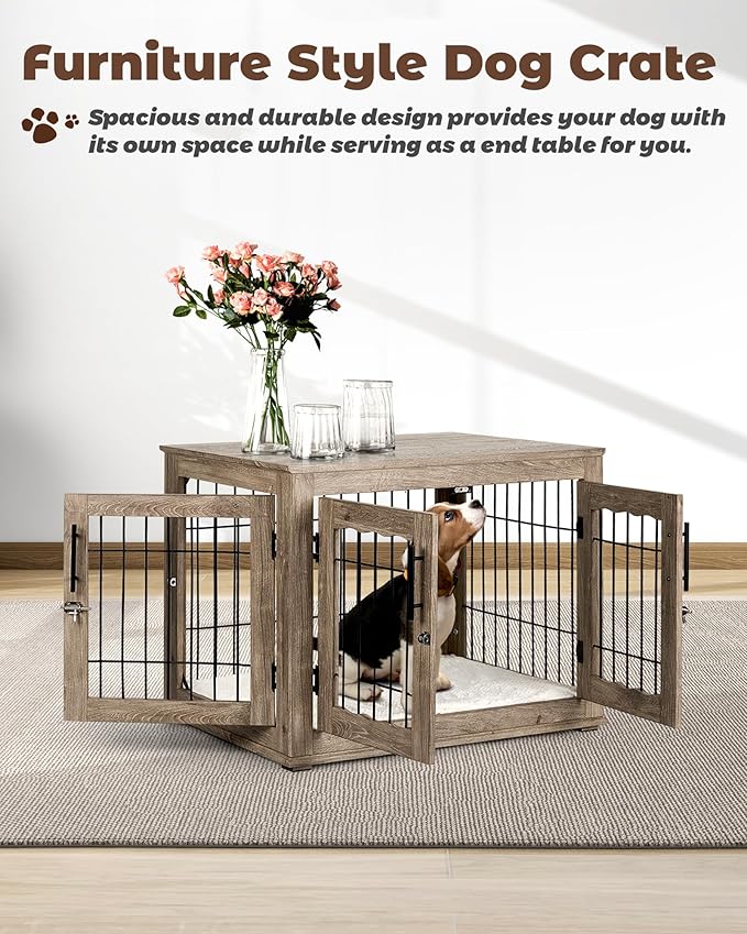 Upolana Dog Crate Furniture, 32 inch Medium Dog Crates with Bed Mat, Wooden Dog Kennel Furniture, End Side Table Dog Cage with 3 Doors, Greige