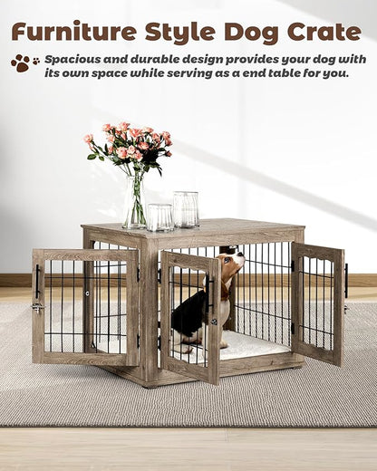 Upolana Dog Crate Furniture, 32 inch Medium Dog Crates with Bed Mat, Wooden Dog Kennel Furniture, End Side Table Dog Cage with 3 Doors, Greige
