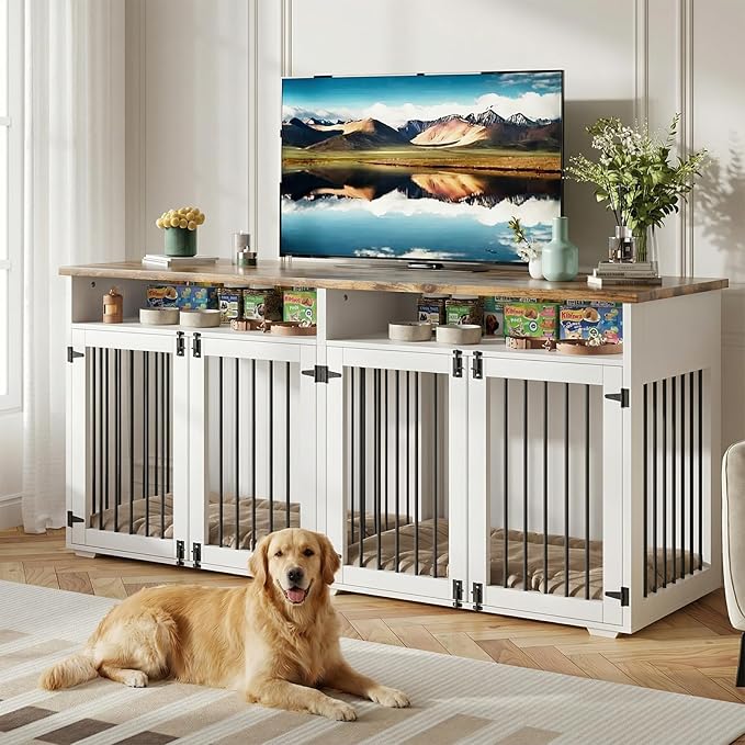 72'' Dog Crate Furniture for 2 Dogs, Wooden Dog Cage with Storage Compartment, Indoor Dog Kennel with 4 Doors for Large/Medium Dogs, White