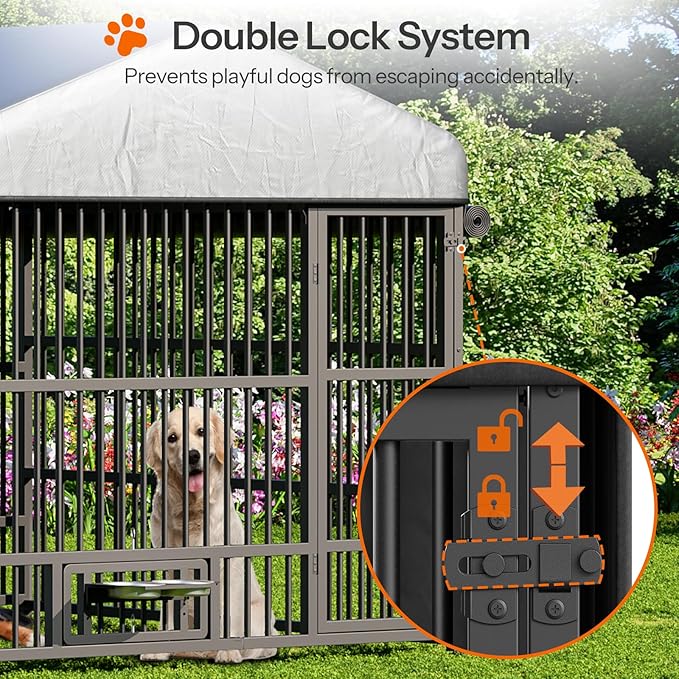 HOOBRO Outdoor Dog Kennel with Cover, 6.6 x 6.6 x 6.4 ft Dog Kennel Outside with Waterproof Roof and Rotating Feeding Bowls, Heavy-Duty Large Cage Enclosure, for Medium & Large Dogs, Black BK220GW03