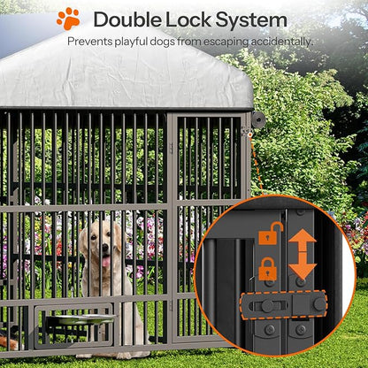 HOOBRO Outdoor Dog Kennel with Cover, 6.6 x 6.6 x 6.4 ft Dog Kennel Outside with Waterproof Roof and Rotating Feeding Bowls, Heavy-Duty Large Cage Enclosure, for Medium & Large Dogs, Black BK220GW03