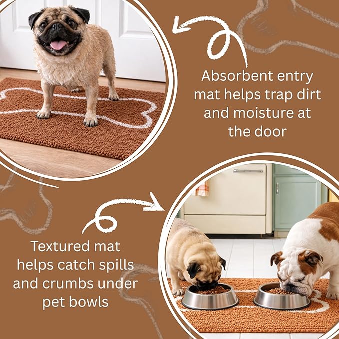 Soggy Doggy Slopmat Dog Food Mat – Absorbent Microfiber Chenille Pet Feeding Mat for Food & Water Bowls, Muddy Paws Small Doormat, Non-Slip, Machine Washable Rug – Caramel/Oatmeal Bone, 18” x 24”