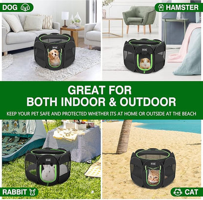 Portable Pet Dog Playpen, Pet Playpen Foldable Extra Heavy Duty Pop Up No Assembly Kennel Tent Crate Indoor Outdoor with Shade Ventilation Mesh for Small Dog, Kitten, Cat, Rabbit (Black)