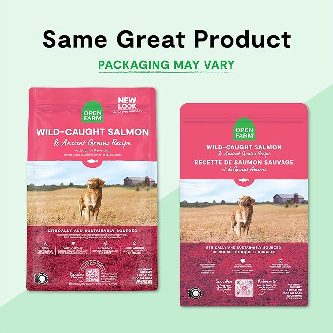 Open Farm, Ancient Grains Dry Dog Food, Protein-Rich & Nutrient Dense, 90% Animal Protein Mixed with Non-GMO Fruits, Veggies and Superfoods, Wild Caught Salmon Recipe, 4lb Bag