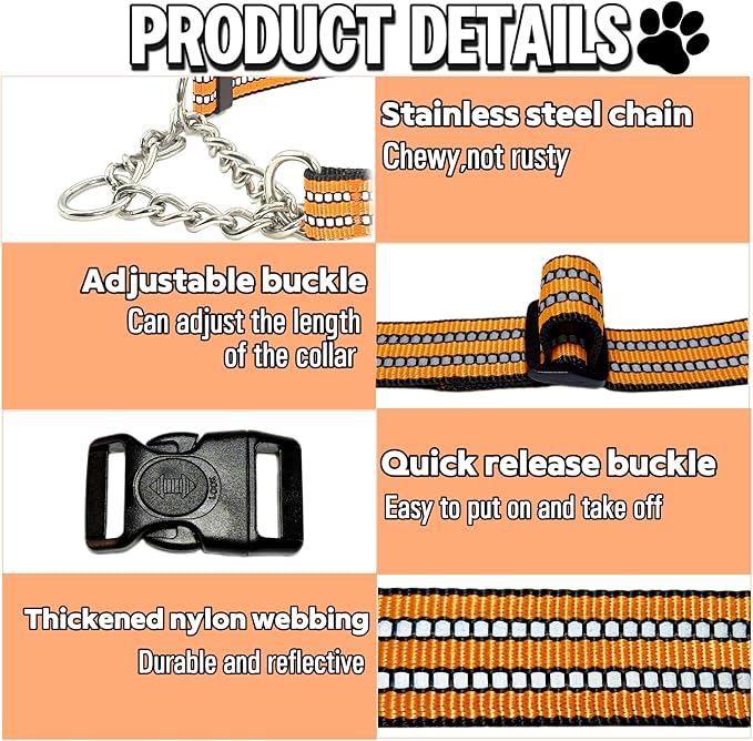 Martingale Dog Collars, Reflective Nylon Collar with Stainless Steel Chain, Adjustable Walking Training Dog Collars with Quick Release Buckle, Suitable for Small Medium Large Dogs(Orange,L)