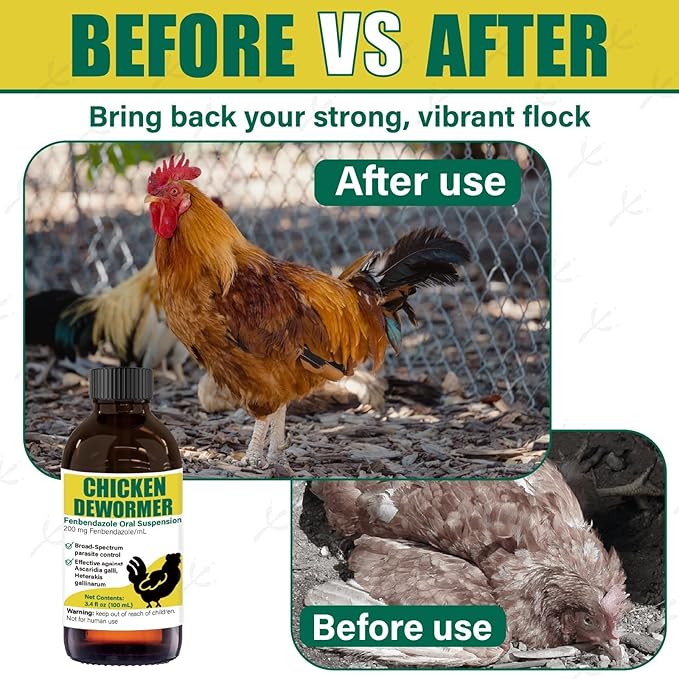 Dewormer for Chickens, Poultry, Fenbendazole for Chicken Dewormers, Tapeworms, Roundworms & Hookworms, with Measuring Syringe, 100ml