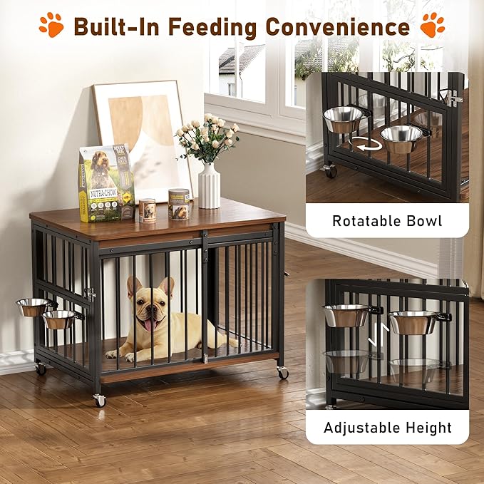 Cofiyard Dog Crate Furniture, 32’’ Wooden Dog Kennel Indoor with Sliding Front Door, Multi-Side Openings & Feeding Window Pet Cage House as TV Stand, End Table for Medium Dogs