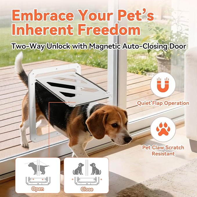 LIBBEPET Dog Door for Screen Door, 2-Way Lock Dog Screen Door with Magnetic Closure, Reinforced ABS Frame Pet Screen Door for Dogs Up to 50 lbs, Inner Passage 10 x 13 Inches, White