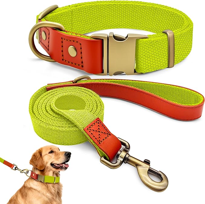 Dog Collar and Leash Set with Metal Quick Release Buckle, Adjustable, Breathable Nylon, Durable, Soft and Comfortable, No Pull for Walking and Training, Fluorescent Yellow, XL (16.9"-26")