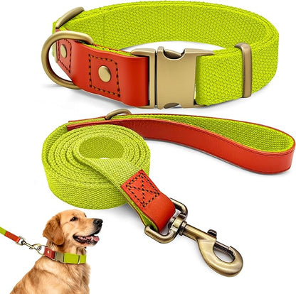 Dog Collar and Leash Set with Metal Quick Release Buckle, Adjustable, Breathable Nylon, Durable, Soft and Comfortable, No Pull for Walking and Training, Fluorescent Yellow, XL (16.9"-26")