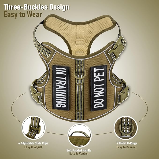 XSmall No Pull Dog Harness for Small Sized Dogs, Adjustable Vest for Easy Walking, Breathable Oxford Material, Reflective Strips, with Metal Front Clip Control, for Terriers, Army Green, XS