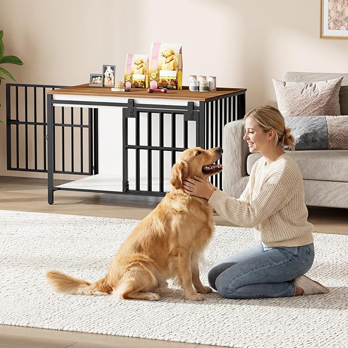 HOOBRO Dog Crate Furniture with Sliding Barn Door, Dog Kennel Indoor for Medium/Large Dogs, Heavy Duty Dog Cage with 2 Doors, End Table for Living Room, Bedroom, Rustic Brown and Black BWH163GW03