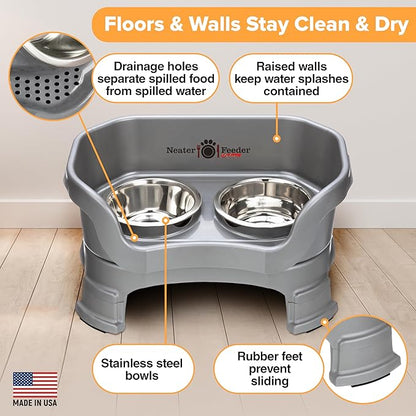 Neater Feeder Deluxe Mess-Proof Elevated Cat Bowls, 2 Height Adjustable (6” & 7.5”) No-Spill Raised Cat Bowl Stand, Whisker Friendly Stainless Steel Dishes for Indoor Cats, Made in USA, Grey