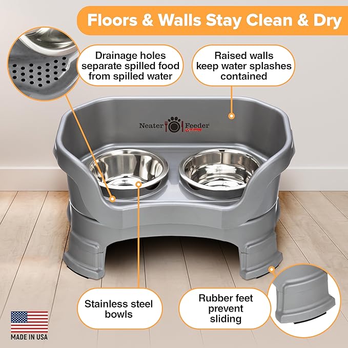 Neater Feeder Deluxe Mess-Proof Elevated Dog Bowls for Small Dogs (Up to 19 lbs), 2 Height Adjustable (6” & 7.5”) No-Spill Raised Dog Bowl Stand, Stainless Steel Food Bowl Set, Made in USA, Grey