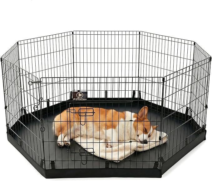 PJYuCien Dog Playpen with Bottom Pad - Metal Foldable Exercise Pen, 8 Panels 30" H x 24" W Indoor Outdoor Pet Fence Puppy Crate Kennel, Black