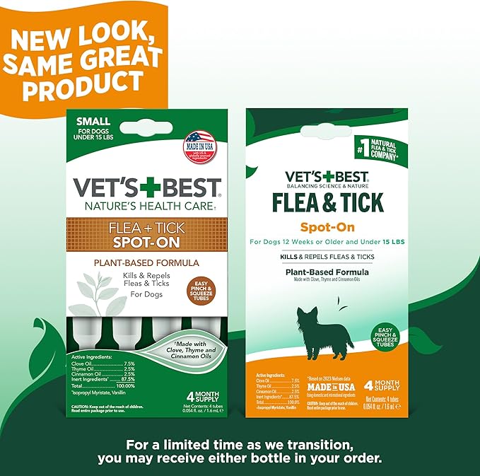 Vet’s Best Natural Flea and Tick Drops for Small Dogs, Plant-Based Spot-On Treatment with Certified Essential Oils, Topical Flea and Tick Prevention and Control, Natural Pest Care, 4 Month Supply