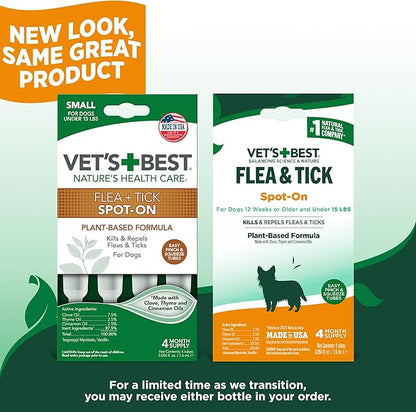Vet’s Best Natural Flea and Tick Drops for Small Dogs, Plant-Based Spot-On Treatment with Certified Essential Oils, Topical Flea and Tick Prevention and Control, Natural Pest Care, 4 Month Supply