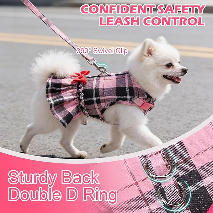 EXPAWLORER Dog Harness Small Medium Sized Dogs, Plaid Dog Dress Bowknot Harness and Leash Set, No Choke No Pull Soft Mesh Vest Cute Princess Puppy Outfits Clothes Costume for Girls Party Cats Pink XS