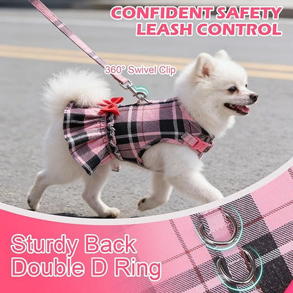 EXPAWLORER Dog Harness Small Medium Sized Dogs, Plaid Dog Dress Bowknot Harness and Leash Set, No Choke No Pull Soft Mesh Vest Cute Princess Puppy Outfits Clothes Costume for Girls Party Cats Pink XS