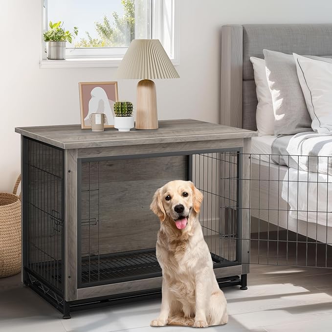 JY QAQA Dog Crate Furniture, Wooden Dogs Crate Table, Double-Doors Dog Furniture, Indoor Dog Kennel, Dog House, Dog Cage/Grey/XL