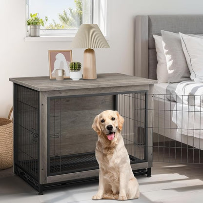 JY QAQA Dog Crate Furniture, Wooden Dogs Crate Table, Double-Doors Dog Furniture, Indoor Dog Kennel, Dog House, Dog Cage/Grey/XL