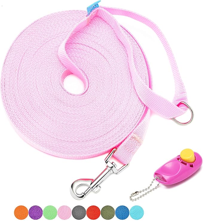BAAPET 15/20/30/50/100 ft Long Dog Training Leash with Clickers for Small, Medium and Large Dogs or Cats (15 Feet, Pink)