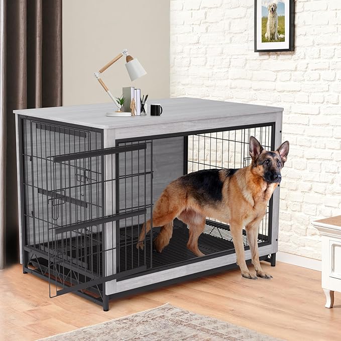 TLSUNNY Dog Crate Furniture, 44.1" Wooden Dog Kennel Indoor with 2 Doors, Heavy-Duty Dog Cage with Removable Tray, End Side Table, Modern Dog House for Large/Medium/Small Dogs, Grey