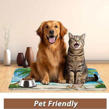 Tropical Beach Dog Food Mat for Floors,Hawaii Palm Tree Absorbent Quick-Dry Pet Feeding Mat, Cat Dog Bowl Mats for Food and Water, Non-Slip Pet Accessories Supplies 12"x20"