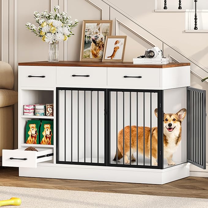 Dog Crate with Hidden Feeder Bowl & 3 Storage Drawers - 47.2" Wooden Dog Cage Indoor with Adjustable Shelf, 2 Doors Dog Kennel Furniture for Medium & Small Dogs, Multi-Functional Pet End Table