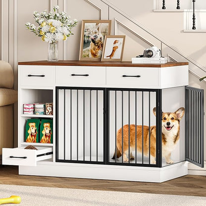 Dog Crate with Hidden Feeder Bowl & 3 Storage Drawers - 47.2" Wooden Dog Cage Indoor with Adjustable Shelf, 2 Doors Dog Kennel Furniture for Medium & Small Dogs, Multi-Functional Pet End Table