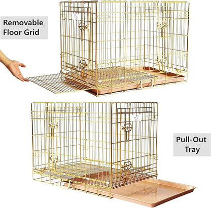 HOMEY PET Copper Gold Dog Crate 30 Inch, Portable Folding Metal Wire Dog Kennel Pet Dog Cage with Removable Floor Grid, Pull Out Pan, Double Doors, Handle for Medium-Small Breed Dogs Indoor Travel