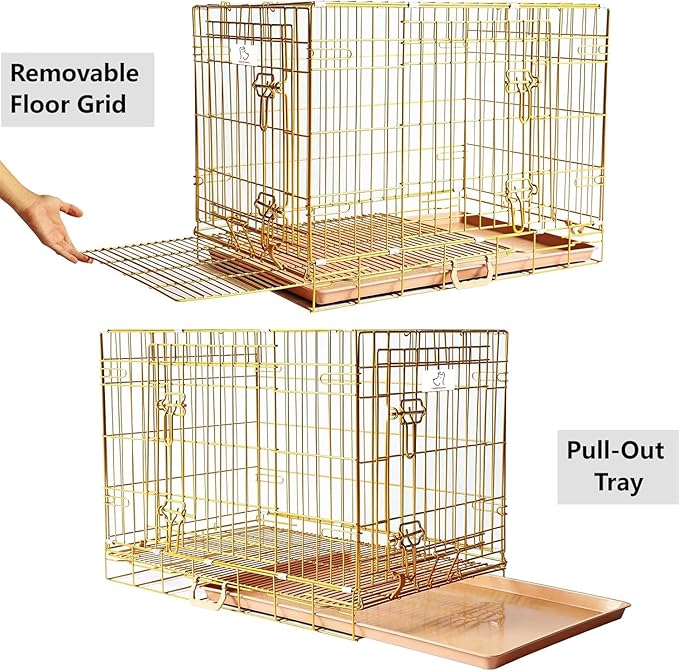 HOMEY PET 24" Gold Color Folding Design Dog Crate Puppy Ertra Small Breed Dog Kennels with Removable Floor Grid and Pull Out Tray, Dog Cage Copper Gold Finish
