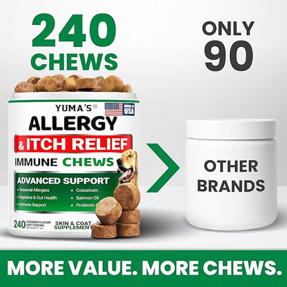 Dog Allergy Relief Chews - 240 Immune Treats - Dog Itching Skin Relief Treatment Pills - Anti-Itch - Itchy and Paw Licking - Omega 3 Fish Oil for Dogs Allergies - Dry Skin & Coat Supplement Vitamins
