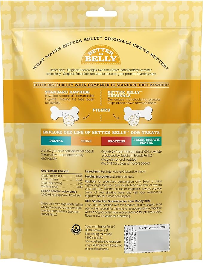 Better Belly Chicken Liver Small Rawhide Rolls, 20-Count (Pack of 2)