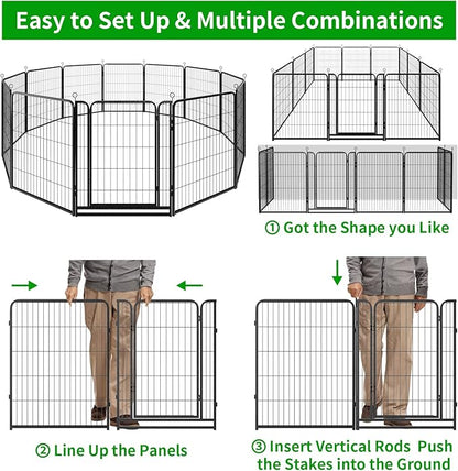 Kfvigoho Dog Playpen Outdoor Extra Wide 12 Piece Panels Heavy Duty Anti-Rust Coating-Strengthened Dog Fence 40" Height with Doors Portable for RV Camping Yard, Total 32FT, 79 Sq.ft, Snowy Black