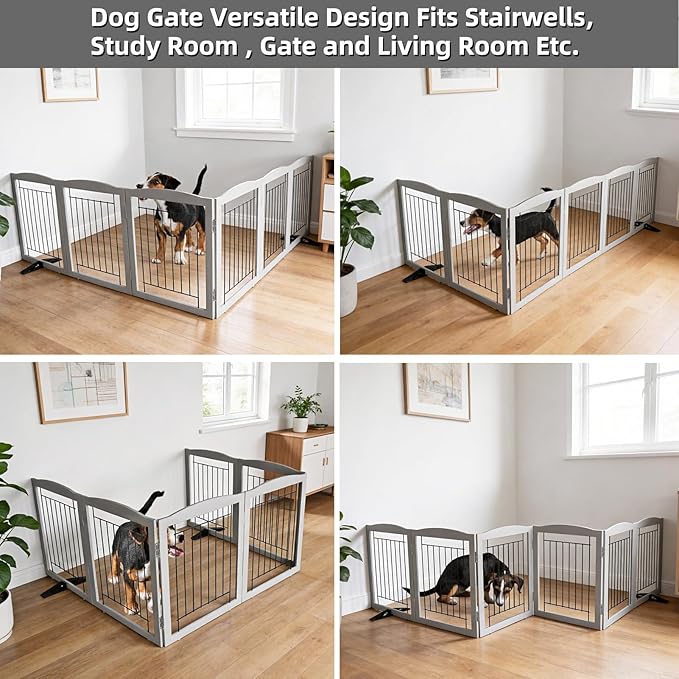 ZJSF Freestanding Dog Fence Indoor, Foldable Dog Gate for Doorways, Stairs or Hallways, Sturdy Wood Extra Wide Pet Gate with Support Feet for The House, Grey, 24 "Height-6 Panels