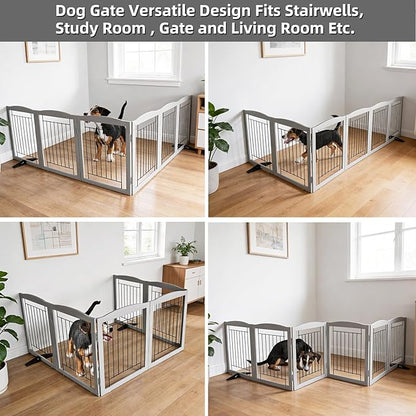 ZJSF Freestanding Dog Fence Indoor, Foldable Dog Gate for Doorways, Stairs or Hallways, Sturdy Wood Extra Wide Pet Gate with Support Feet for The House, Grey, 24 "Height-6 Panels