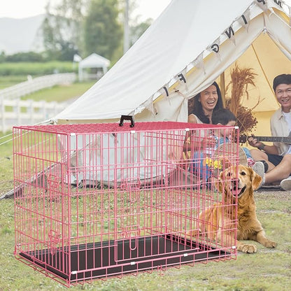 48 Inch Dog Crate Dog Kennels Folding Mental Wire Crates Dog Crates for Large Dogs Cage Outdoor Indoor Pet XL Dog Crate with Double-Door,Divider Panel, Removable Tray,Pink