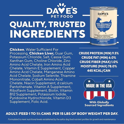Dave's Pet Food Grain Free Wet Dog Food (95% Chicken & Chicken Liver), Made in USA Single-Source Protein, Limited Ingredients, 12.5 oz Cans (12 Pack)