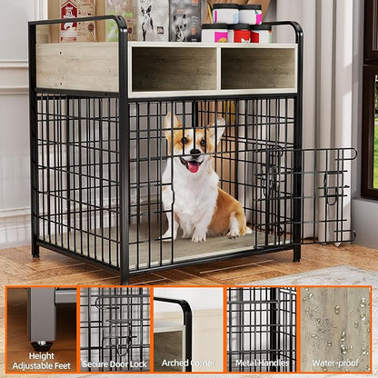 Kepptory Small Dog Crate Furniture with Drawers Storage, Puppy Dog Kennel Indoor with Double Doors, Heavy Duty Wooden Dog Cage Table, Sturdy Metal, Gray