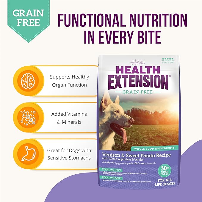 Health Extension Grain Free Venison & Sweet Potato Dry Dog Food - 30+ Superfoods and Probiotics for All Life Stages (10 lb)