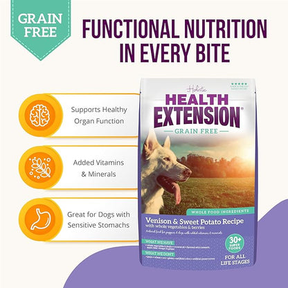Health Extension Grain Free Venison & Sweet Potato Dry Dog Food - 30+ Superfoods and Probiotics for All Life Stages (10 lb)