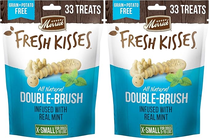 Merrick Fresh Kisses Natural Dental Chews Toothbrush Treat Shape Infused with Real Mint for Tiny Dogs 5-15 Lbs - 33 ct. Bag (Pack of 2)