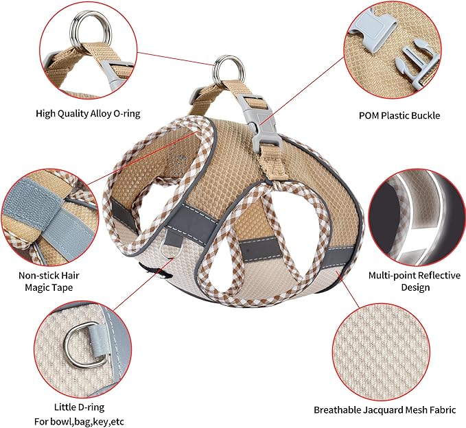 AIITLE XXS Dog Harness & Leash Set - Breathable Reflective No-Choke Small Dog Harness for Teacup Puppies, Indoor/Outdoor Use - Boston Terrier, Maltese, Chihuahua (Brown-Beige, XXS)