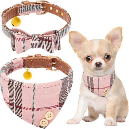 EXPAWLORER Dog Collar Bandana Set - Classic Plaid Dog Bow Tie and Bandana Collar with PU Leather, Adjustable Collars for Small Medium Large Dogs Cats, Holiday Ideal Gift, Pink S