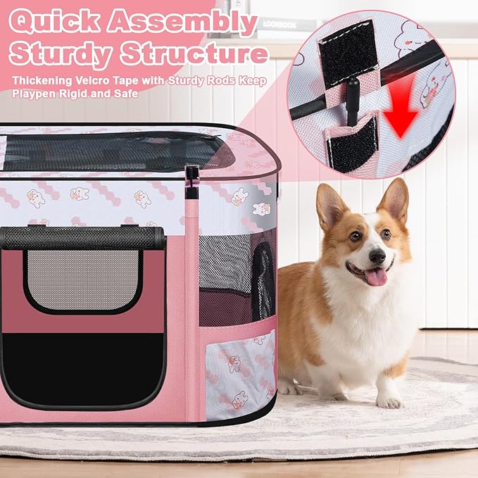 Foldable Dog Playpen Indoor,Expandable Puppy Playpen,Portable Pet Playpen for Small Animals,Waterproof Exercise Kennel Tent Crate for Travel,Camping, Home & Outdoor Use (M 31"L x 22"W x 21"H, Pink)