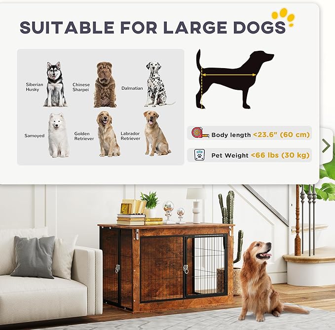 PawHut 39" Dog Crate Furniture with Flip-up Top Opening, Decorative Dog Kennel Furniture Side Table with 2 Doors for Large Breeds, Rustic Brown