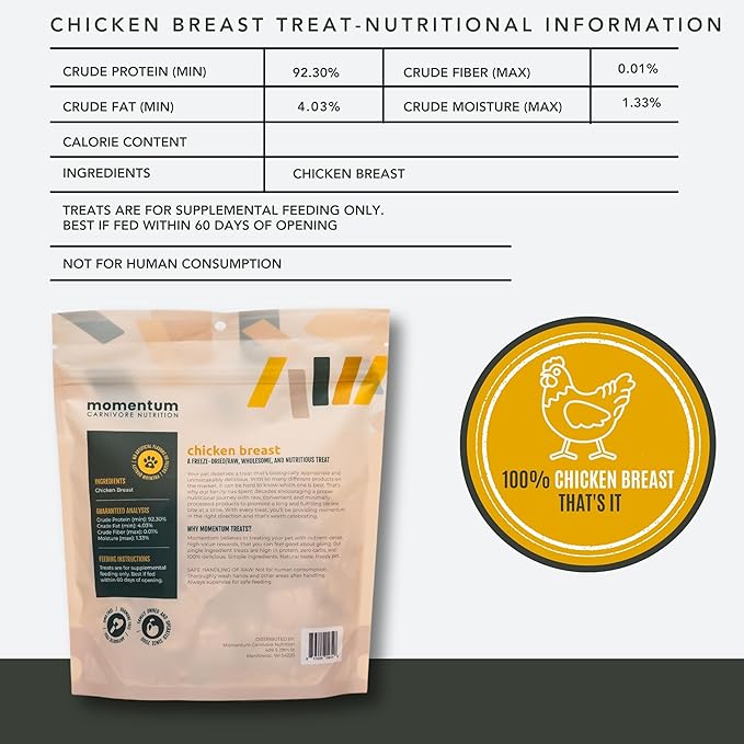 Momentum Carnivore Nutrition Freeze-Dried Chicken Breast Dog Treats & Cat Treats – Single-Ingredient, High-Protein, Grain-Free, Lean & Easily Digestible – Made in USA – 3 oz Bag