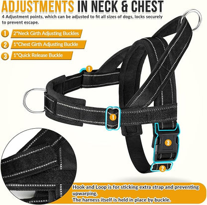 SlowTon No Pull Dog Harness - Heavy Duty Dog Harness and Leash Set for Medium Large Dogs, Reflective Tactical Harness with Soft Padded and Front Clip for Easy Walk and Training (Black S)